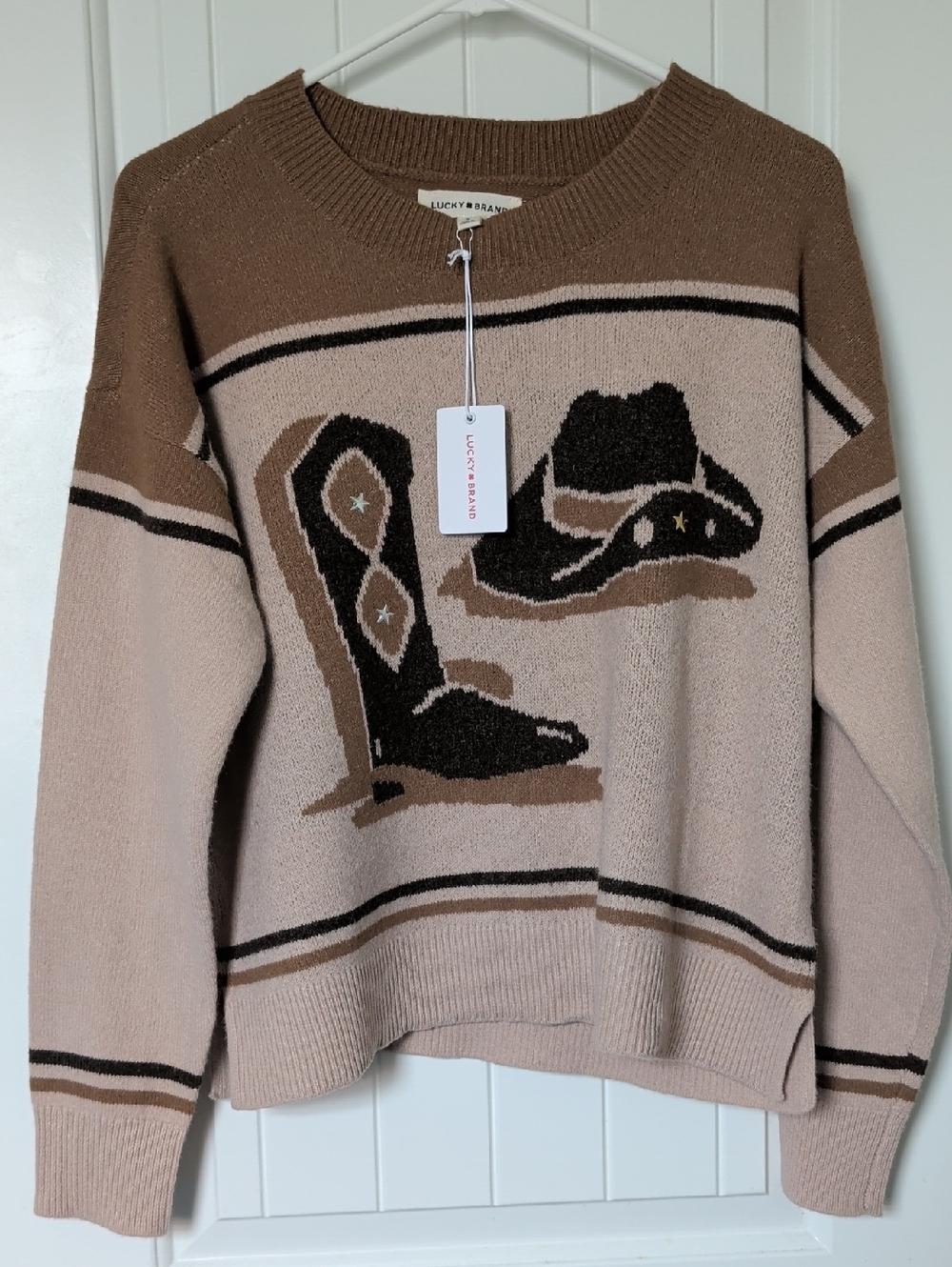 Lucky Brand Women's Cream & Brown Cowboy Boot Crewneck Sweater